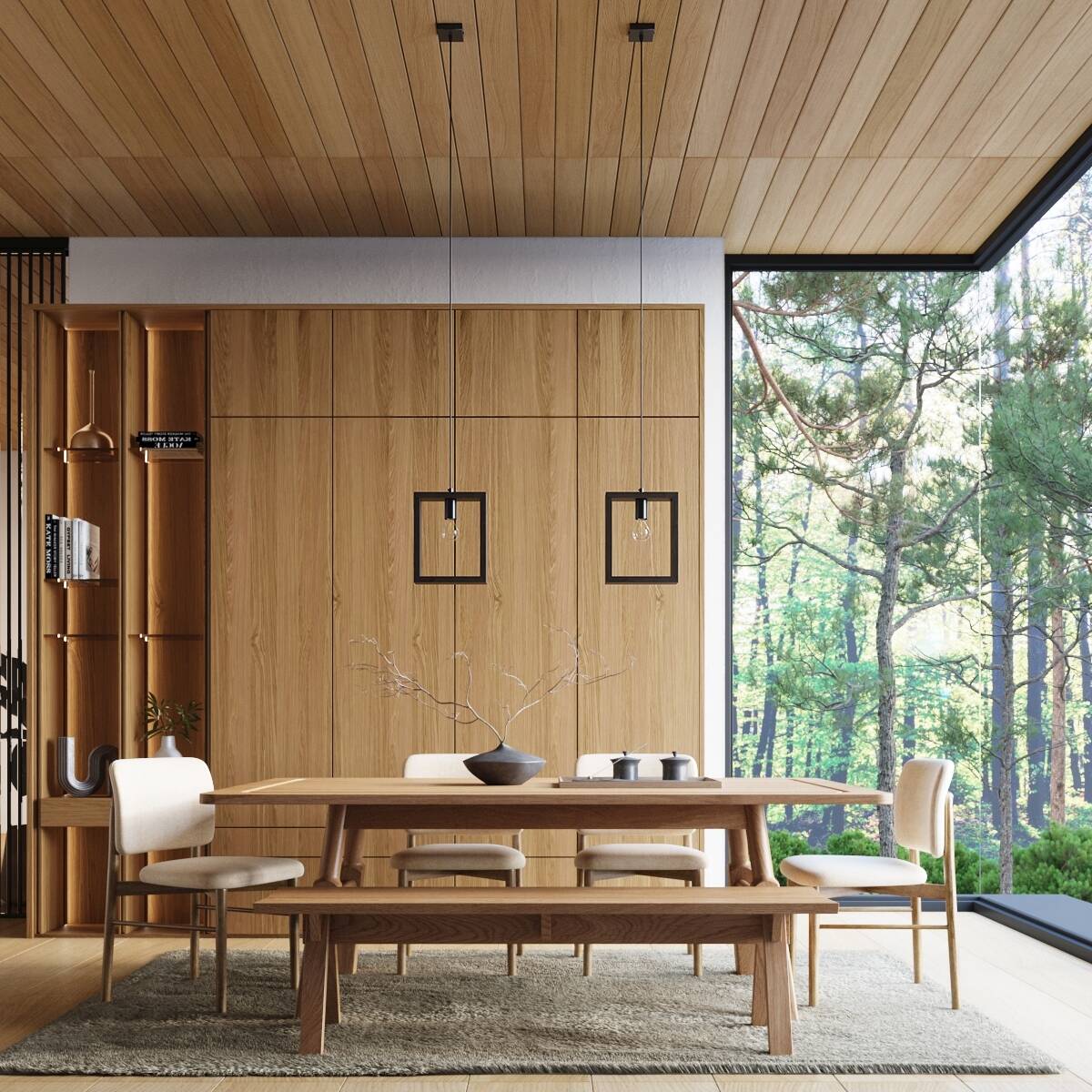 Lampa wisząca Aries 1xE27 w kolorze czarnym i wenge, zawieszona nad drewnianym stołem w nowoczesnej aranżacji. Widoczne prostokątne klosze i elementy naturalnego drewna w tle. Stół z białymi krzesłami, otoczenie z dużymi oknami i roślinnością.