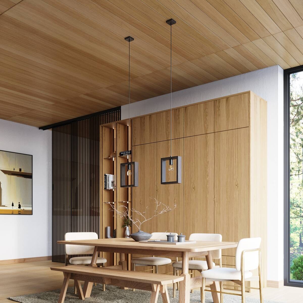 Lampa wisząca Aries 1xE27 w kolorze czarnym i wenge, zawieszona nad drewnianym stołem w nowoczesnej jadalni. Kwadratowa forma klosza z przezroczystą żarówką, umieszczona na cienkim przewodzie, w otoczeniu jasnych mebli i drewnianych akcentów.