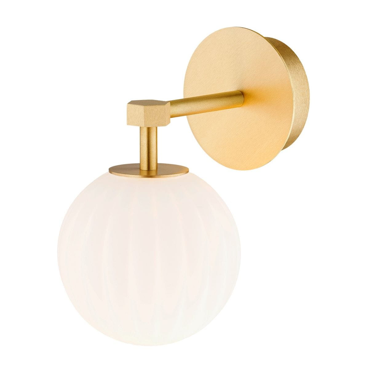 Kinkiet Paloma z mosiądzu i białym kloszem, z okrągłą podstawą i prostym ramieniem. Klosz w kształcie kuli z delikatnym żłobieniem, montowany na ścianie, idealny do nowoczesnych wnętrz.