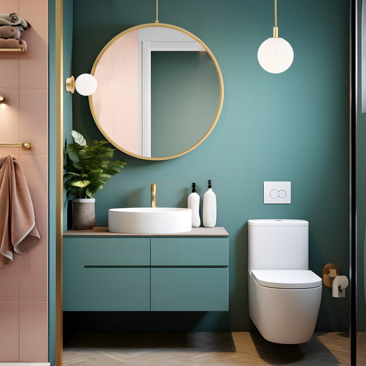 Kinkiet Paloma w kolorze mosiądzu i białym, z jednym gniazdem E14, zamontowany na zielonej ścianie obok okrągłego lustra. W tle widoczne elementy łazienki, jak umywalka, roślinność oraz akcesoria.