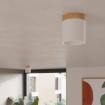 Lampa sufitowa Rif, tuba 1xGU10, w kolorze białym z drewnianym wykończeniem u góry. Zamontowana na suficie w nowoczesnym wnętrzu, z widocznym otwieranym designem. Tło jednolite, z lekko widocznymi roślinami w dolnej części kadru.