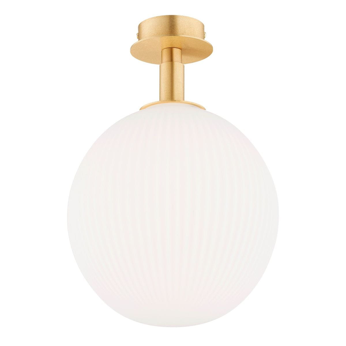 Lampa sufitowa Paloma 1xE27 w kolorze mosiężnym i białym, z okrągłym, teksturowanym kloszem, zawieszona na prostym, mosiężnym uchwycie. Klosz ma delikatne żłobienia, co nadaje mu elegancki wygląd.