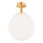 Lampa sufitowa Paloma 1xE27 w kolorze mosiężnym i białym, z okrągłym, teksturowanym kloszem, zawieszona na prostym, mosiężnym uchwycie. Klosz ma delikatne żłobienia, co nadaje mu elegancki wygląd.
