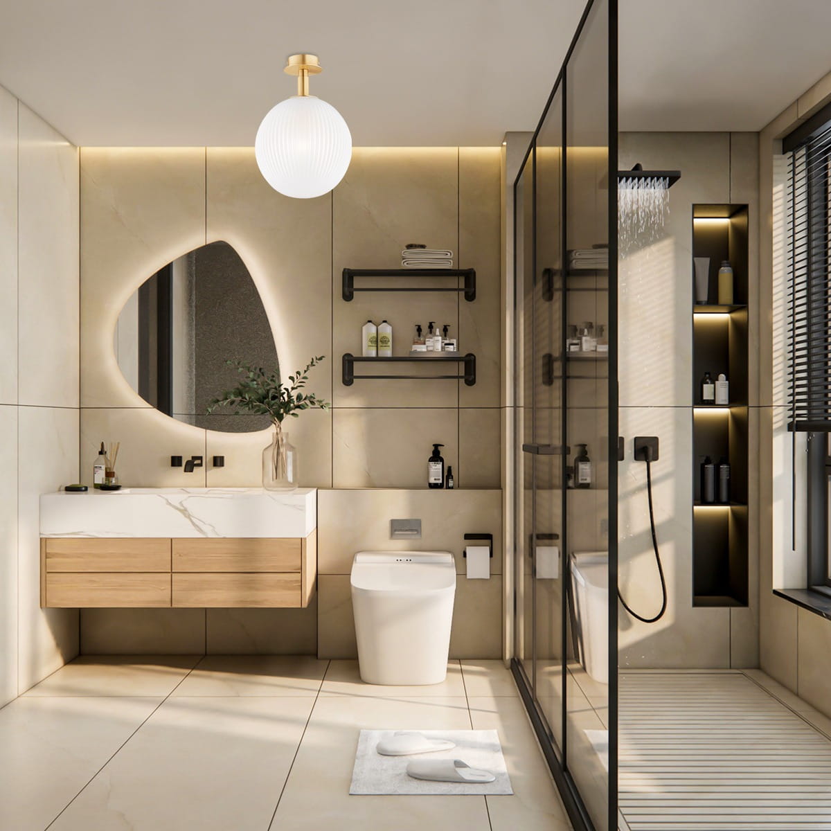 Lampa sufitowa Paloma z kloszem w kolorze białym i mosiężnym mocowaniem, zawieszona w nowoczesnej łazience. Oświetlenie uzupełnia minimalistyczne wnętrze z drewnianą szafką i lustrem w owalnej ramie.