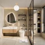 Lampa sufitowa Paloma z kloszem w kolorze białym i mosiężnym mocowaniem, zawieszona w nowoczesnej łazience. Oświetlenie uzupełnia minimalistyczne wnętrze z drewnianą szafką i lustrem w owalnej ramie.