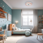 Różowy plafon Ball 1xLED/34W, okrągły, z motywem chmurki i twarzy zwierzątka, zamontowany na suficie w dziecięcym pokoju. Wnętrze w pastelowych kolorach, z łóżkiem i meblami w stylu skandynawskim.