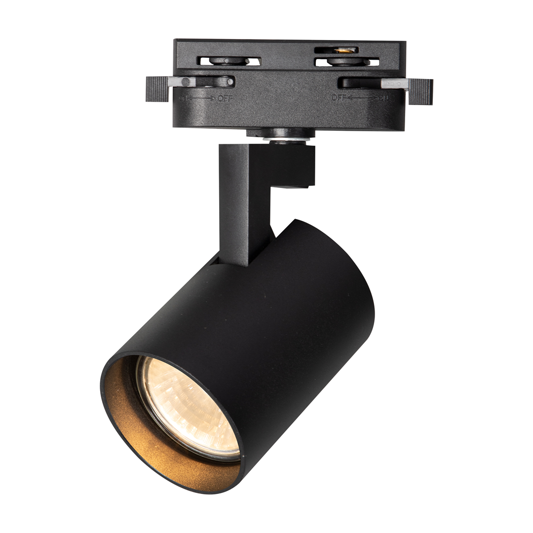 Reflektor spot Track Volf 1xGU10 w kolorze czarnym, zamontowany na szynie. Cylindryczny kształt z matowym wykończeniem, w środku złota oprawa. Umożliwia regulację kierunku oświetlenia, idealny do różnych aranżacji wnętrz.