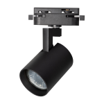 Reflektor spot Track Volf 1xGU10 w kolorze czarnym, zamontowany na szynie. Posiada cylindryczny kształt z przezroczystą soczewką. Ujęcie z boku, ukazujące detale mocowania oraz włącznika. Idealny do oświetlenia wnętrz.