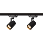 Reflektor spot Track Volf 1xGU10 w kolorze czarnym, zamocowany na szynie. Ma cylindryczny kształt z widocznym źródłem światła w środku, z metaliczną wykończeniem wewnętrznym. Ujęcie z przodu, prezentujące dwa reflektory.