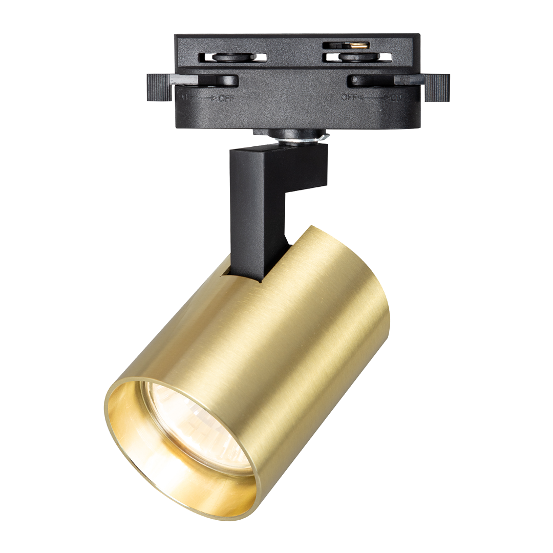 Reflektor spot Track Volf 1xGU10 w kolorze czarnym i złotym, zamontowany na szynie. Cylindryczna obudowa w złotym odcieniu, z czarnym uchwytem, skierowany w dół. Widoczny detal klosza i podłączenia do szyny.