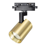 Reflektor spot Track Volf 1xGU10 w kolorze czarno-złotym, montowany na szynie. Cylindryczna obudowa z matowego złota, zamontowana na czarnym uchwycie. Widoczna soczewka wewnętrzna. Produkt ustawiony w pozycji pionowej, z możliwością obrotu.