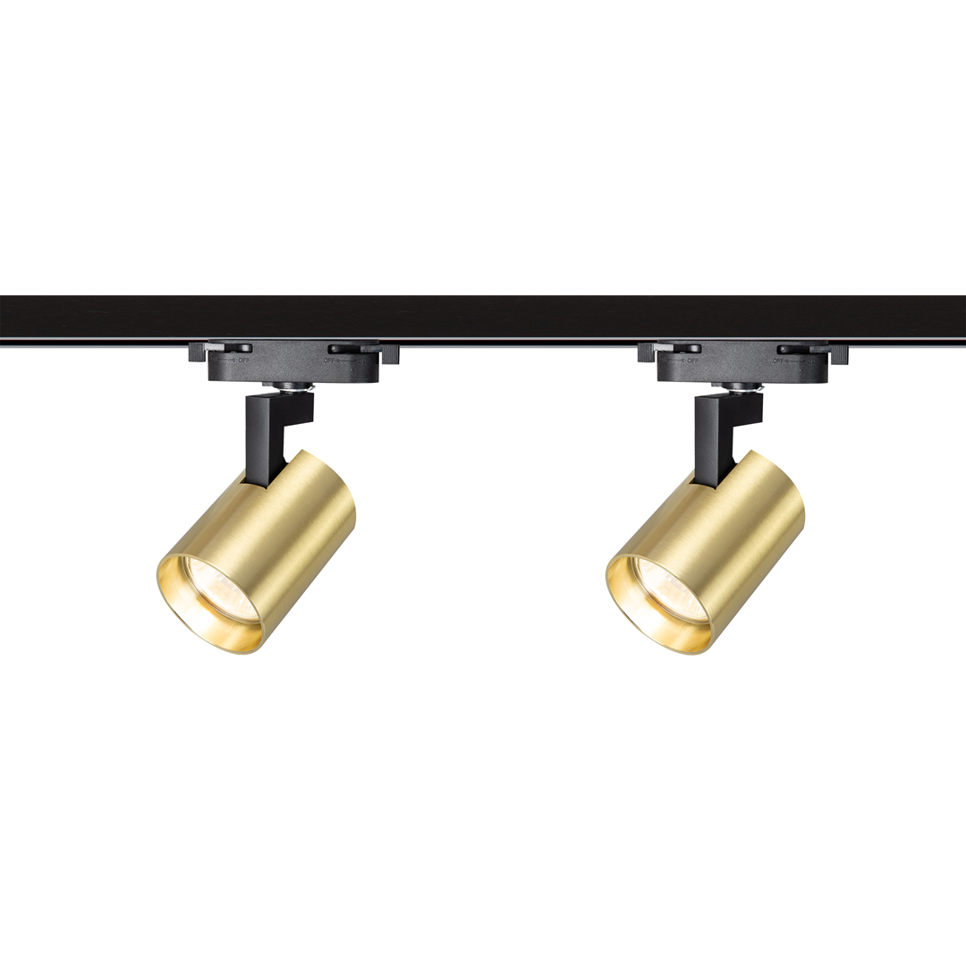 Reflektor spot Track Volf 1xGU10 w kolorze czarnym i złotym, zamontowany na szynie. Złoty klosz o cylindrycznym kształcie, umieszczony na czarnym uchwycie. Oświetlenie w pozycji wiszącej, idealne do nowoczesnych wnętrz.