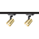 Reflektor spot Track Volf 1xGU10 w kolorze czarnym i złotym, zamontowany na szynie. Złoty klosz o cylindrycznym kształcie, umieszczony na czarnym uchwycie. Oświetlenie w pozycji wiszącej, idealne do nowoczesnych wnętrz.