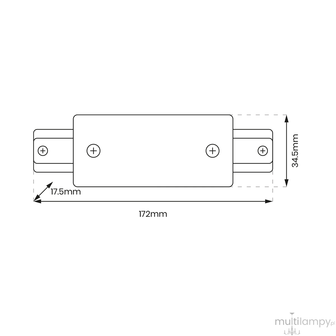 Złącze proste zasilające Track w kolorze białym, o wymiarach 172mm x 34.5mm x 17.5mm. Zawiera dwa widoczne otwory na śruby do mocowania. Ujęcie frontalne, pokazujące kształt i detale produktu.