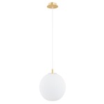 Lampa wisząca Paloma D25 z białym kloszem w kształcie kuli z teksturowanej ceramiki, zawieszona na białym przewodzie. Elementy mosiężne u góry, przeznaczona na żarówkę E27. Prosty, nowoczesny design na jasnym tle.