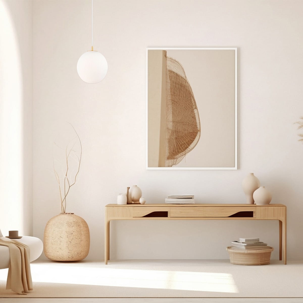 Lampa wisząca Paloma D25 z białym kloszem i mosiężnym wykończeniem, zawieszona na białym kablu. Klosz ma okrągły kształt z żłobieniami. Produkt umieszczony w minimalistycznym wnętrzu z jasnymi ścianami i drewnianymi meblami.