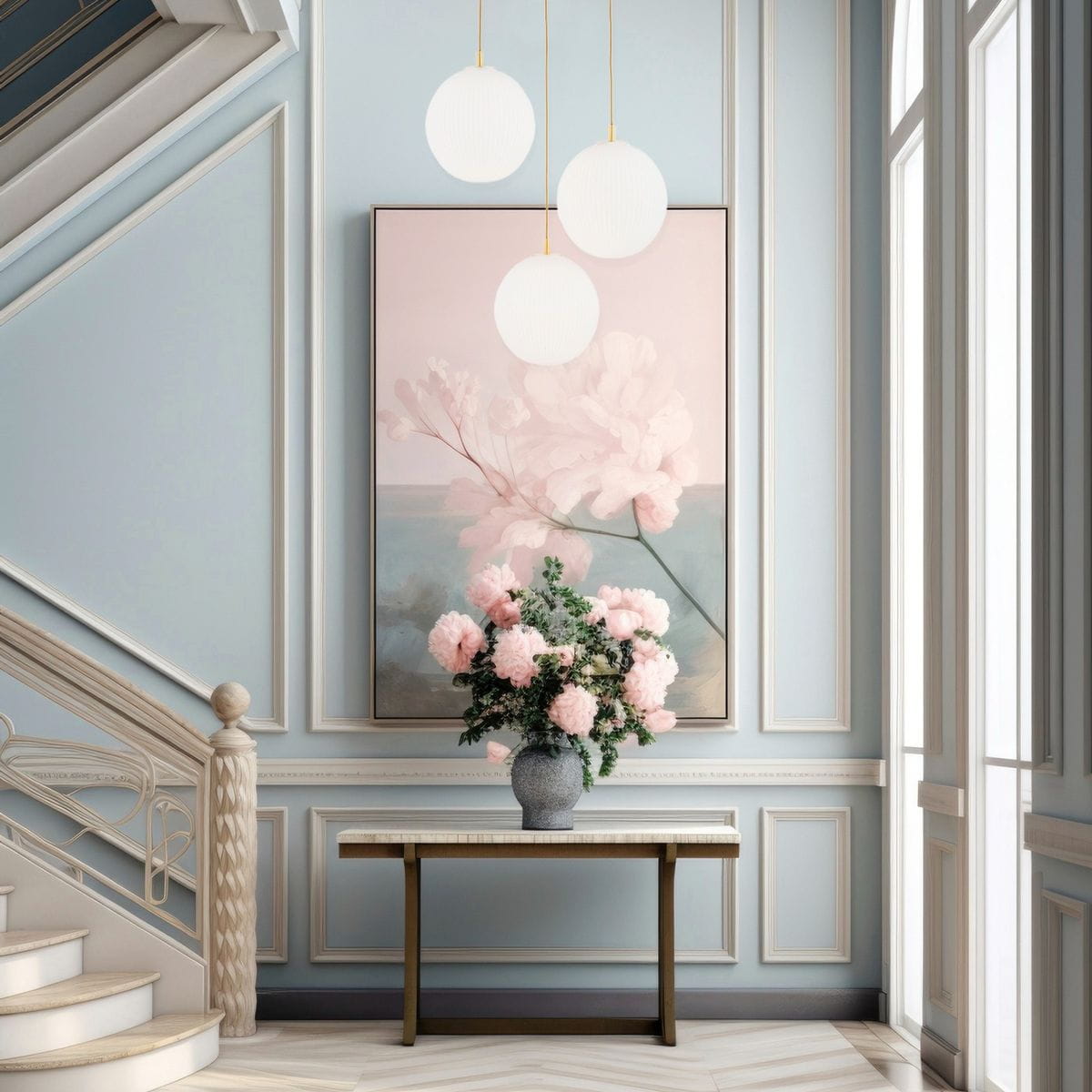 Lampa wisząca Paloma 3xE27 w kolorze mosiądzu i białym. Składa się z trzech okrągłych kloszy z teksturowanego szkła, zawieszonych na złotych linkach. Umieszczona w eleganckim wnętrzu z bukietem kwiatów na stole i obrazem na ścianie.