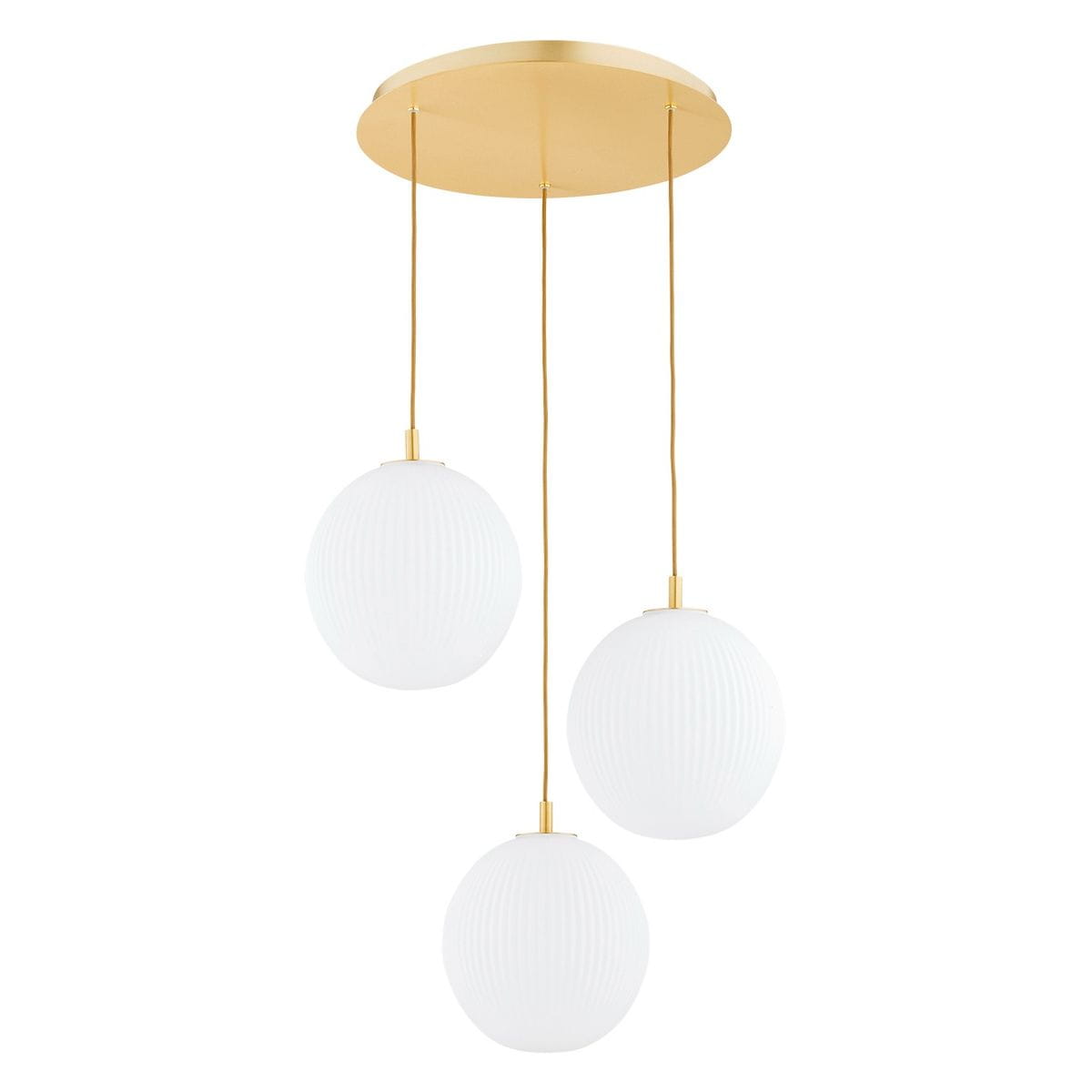 Lampa wisząca Paloma z trzema białymi, okrągłymi kloszami z fakturowanego szkła, zawieszonymi na złotej podstawie. Klasyczny design, idealna do nowoczesnych wnętrz. Klosze zawieszone na cienkich, złotych linkach.