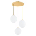 Lampa wisząca Paloma z trzema białymi, okrągłymi kloszami z fakturowanego szkła, zawieszonymi na złotej podstawie. Klasyczny design, idealna do nowoczesnych wnętrz. Klosze zawieszone na cienkich, złotych linkach.