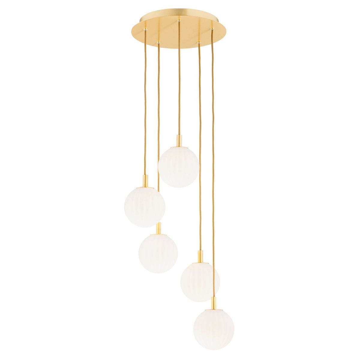 Lampa wisząca Paloma z pięcioma kulistymi kloszami z białego szkła na złotych zawieszeniach. Klasyczna konstrukcja, minimalistyczny design. Klosze mają teksturowaną powierzchnię, zawieszone na różnych wysokościach, montowane na okrągłej, złotej podstawie.