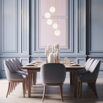 Lampa wisząca Paloma z pięcioma źródłami światła E14, w złotym mosiądzu i białych kloszach, zawieszona nad drewnianym stołem w eleganckiej jadalni. Tło w odcieniach błękitu z dekoracjami na stole.