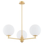 Żyrandol Paloma 3xE14 w kolorze mosiądzu i bieli, z trzema okrągłymi kloszami z matowego szkła. Ułożony poziomo, zawieszony na cienkim pręcie. Klosze mają delikatne żłobienia, co podkreśla ich elegancki charakter. Tło białe.