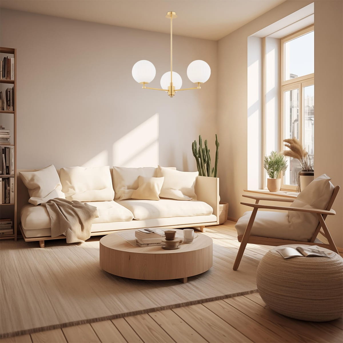 Żyrandol Paloma 3xE14 w kolorze mosiądzu i białych kloszach, zawieszony w jasnym wnętrzu. Produkt ma trzy okrągłe klosze, umieszczone na metalowych ramionach, w otoczeniu stylowych mebli i roślin.