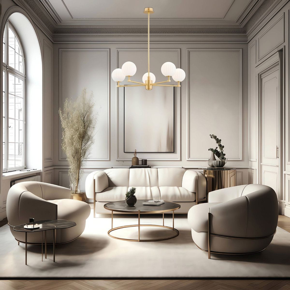 Żyrandol Paloma w kolorze mosiądzu i białym, z pięcioma źródłami światła E14. Ujęcie z dołu, pokazujące okrągłe klosze z żłobieniami. Zawieszony w eleganckim wnętrzu z jasnymi meblami i minimalistycznym wystrojem.