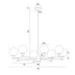 Żyrandol Paloma w kolorze mosiądzu i białym, zaprojektowany na 8 żarówek E14. Posiada elegancką konstrukcję, złożoną z metalowych elementów w mosiężnym wykończeniu oraz białych kloszy, zawieszony na łańcuchu.