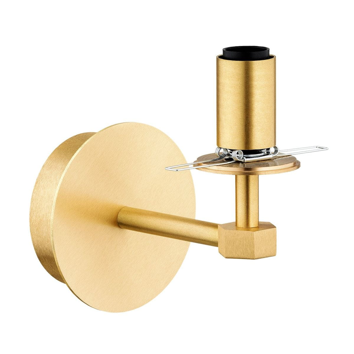 Kinkiet Paloma 1xE14 w kolorze mosiężnym z dymnym kloszem. Posiada okrągłą podstawę i prosty, metalowy ramion. Ujęcie z boku, ukazujące detal mocowania i miejsce na żarówkę. Tło jednolite, co podkreśla elegancki design produktu.