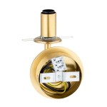 Kinkiet Paloma 1xE14 w kolorze mosiądzu, z dymnym kloszem. Widoczny uchwyt montażowy oraz przewody elektryczne wewnątrz okrągłej podstawy. Produkt widoczny z boku, pod kątem, na białym tle.