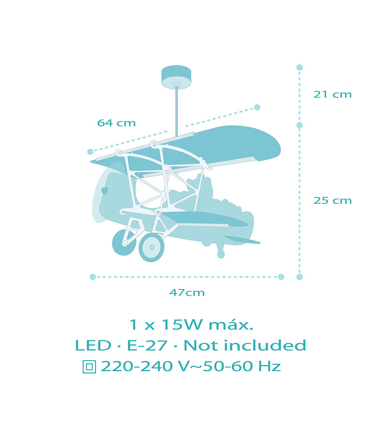 Lampa wisząca w kształcie samolotu, wykonana w multikolorze, z zawieszeniem o długości 64 cm. Wymiary: 47 cm długości, 25 cm szerokości, 21 cm wysokości. Wymaga żarówki E27 do 15W (brak w zestawie).