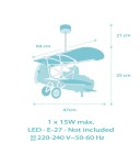 Lampa wisząca w kształcie samolotu, wykonana w multikolorze, z zawieszeniem o długości 64 cm. Wymiary: 47 cm długości, 25 cm szerokości, 21 cm wysokości. Wymaga żarówki E27 do 15W (brak w zestawie).