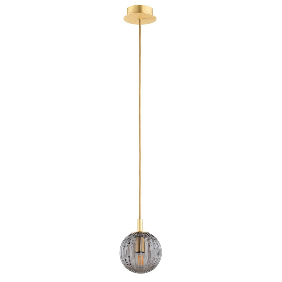 Lampa wisząca Paloma D12 z mosiężnym wykończeniem i dymnym szklanym kloszem w kształcie kuli. Zawieszona na cienkim przewodzie, prezentuje elegancki design. Wymiary klosza są niewidoczne, ale lampę można używać z żarówką E14.