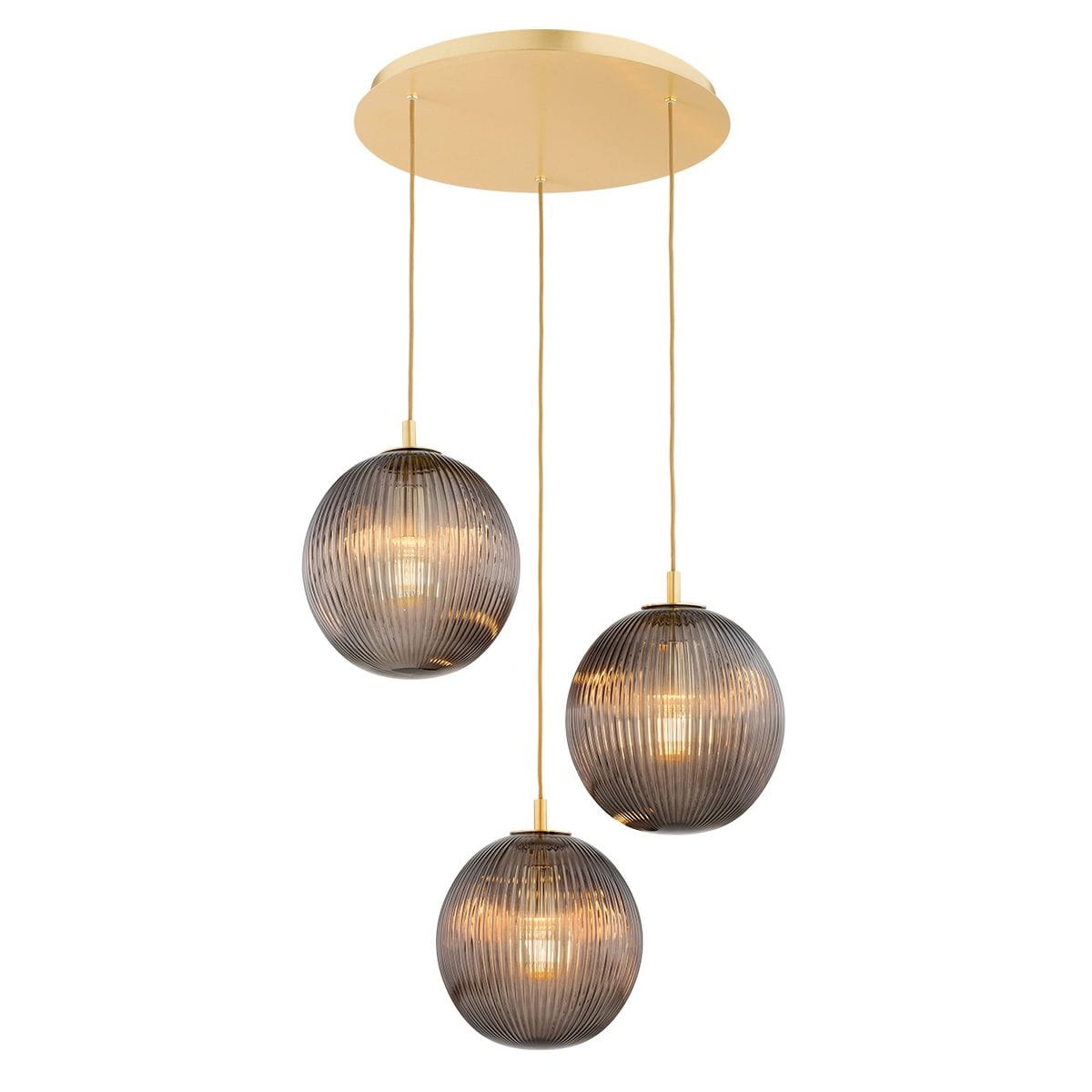 Lampa wisząca Paloma z trzema okrągłymi kloszami w dymnym kolorze, wykonana z mosiądzu. Klosze mają teksturowaną powierzchnię, zawieszone na cienkich złotych linkach z okrągłym sufitem. Idealna do nowoczesnych wnętrz.