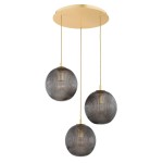 Lampa wisząca Paloma z trzema dymnymi, okrągłymi kloszami w pierzastym wzorze, zawieszona na złotej oprawie. Klosze mają średnicę równą, zwisają na różnych wysokościach, co nadaje efektowny wygląd.