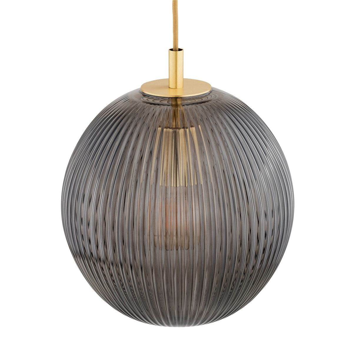 Lampa wisząca Paloma 3xE27 w kolorze mosiężnym z dymnego szkła. Okrągły klosz z delikatnymi żłobieniami, zawieszony na cienkim przewodzie. Widoczne źródła światła wewnątrz klosza, elegancka forma pasująca do nowoczesnych wnętrz.