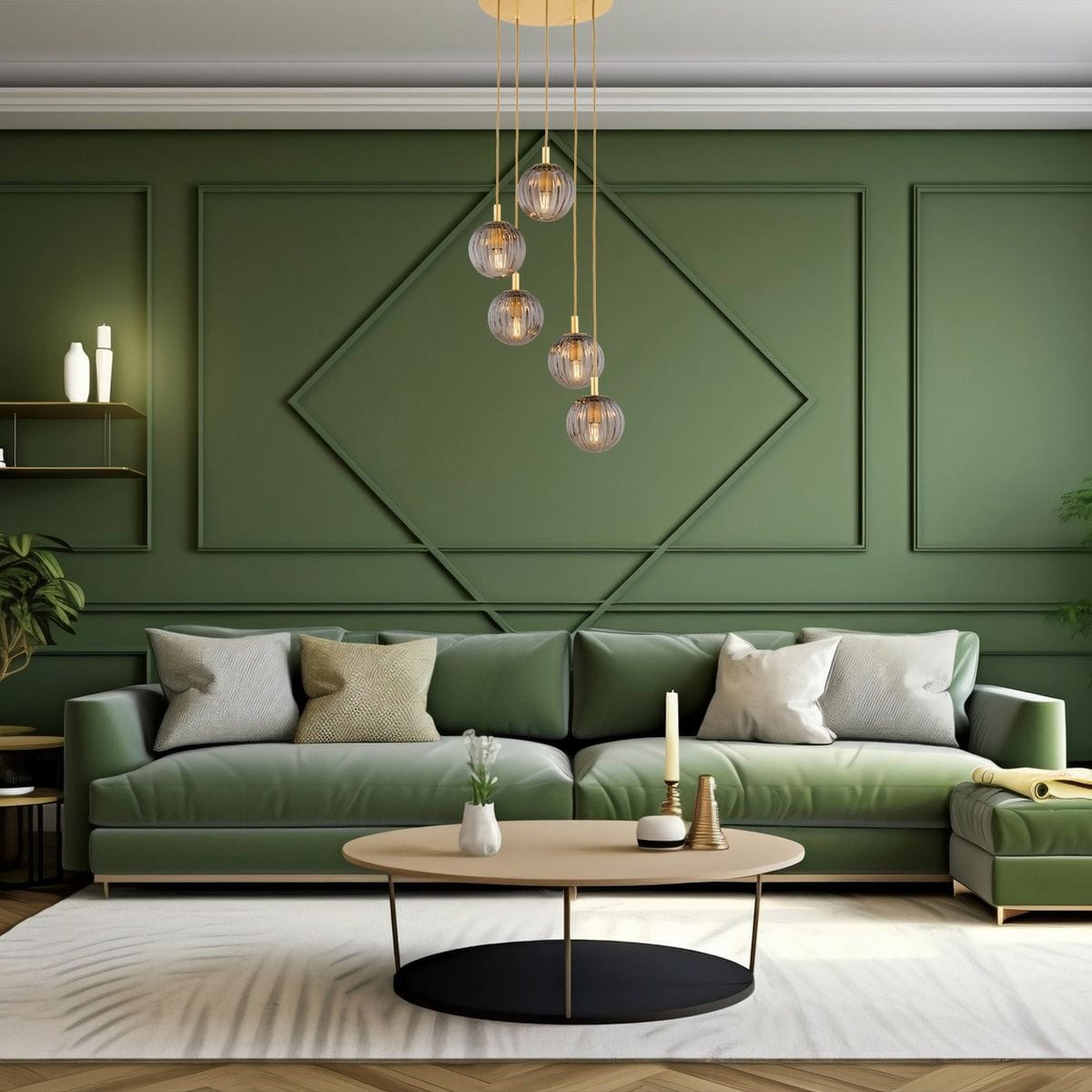 Lampa wisząca Paloma z pięcioma szklanymi kloszami w dymnym kolorze, zawieszona na złotych linkach. Ujęcie z góry, w nowoczesnym wnętrzu z zieloną ścianą i sofą. Klosze mają żłobioną fakturę, a całość tworzy elegancki akcent w aranżacji.