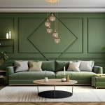 Lampa wisząca Paloma z pięcioma szklanymi kloszami w dymnym kolorze, zawieszona na złotych linkach. Ujęcie z góry, w nowoczesnym wnętrzu z zieloną ścianą i sofą. Klosze mają żłobioną fakturę, a całość tworzy elegancki akcent w aranżacji.