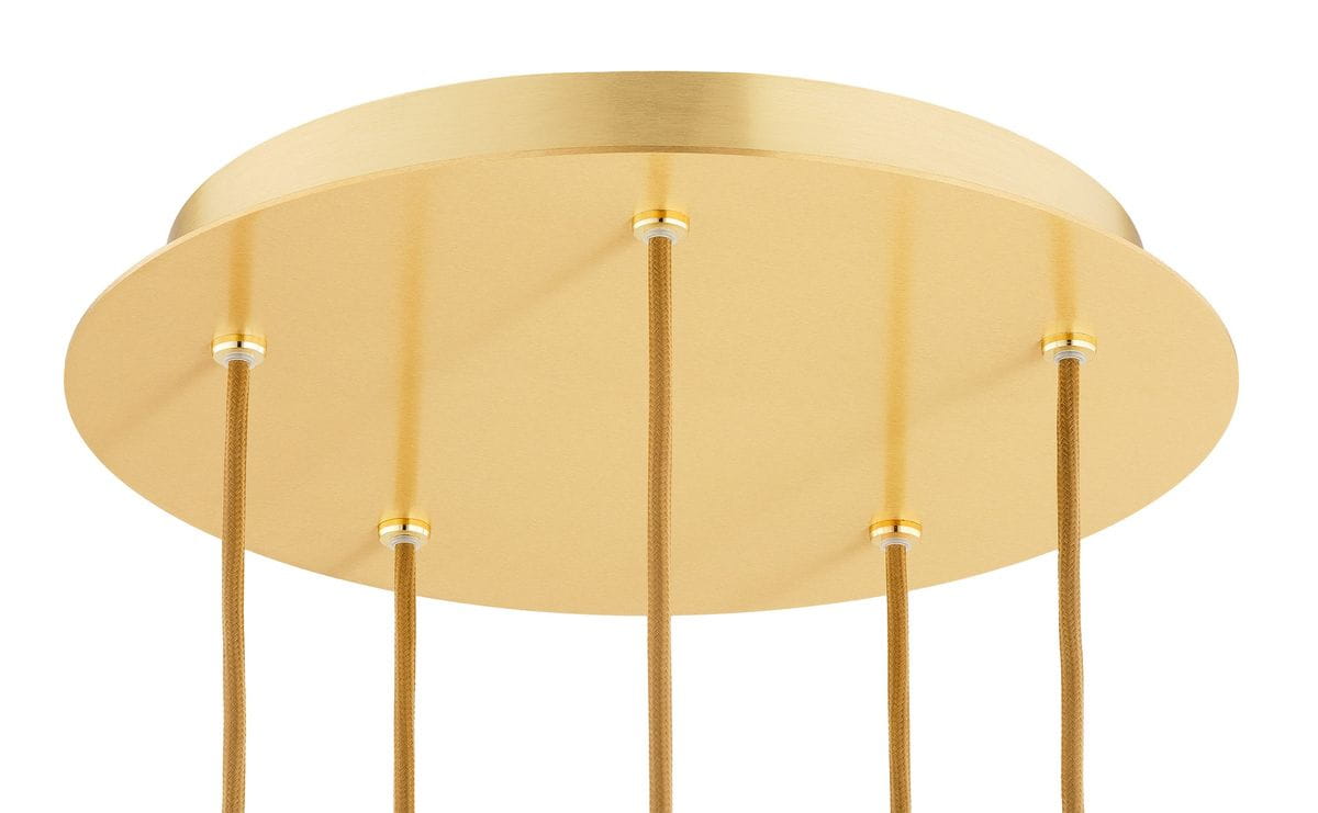 Mosiężna lampa wisząca Paloma z pięcioma gniazdami E14, z zawieszeniem na brązowych przewodach. Widok z góry na okrągłą, złotą podstawę z pięcioma mocowaniami.