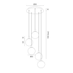 Lampa wisząca Paloma z pięcioma źródłami światła E14, wykonana z mosiądzu, z dymnymi kloszami. Ujęcie frontalne, produkt wisi w powietrzu, ukazuje elegancki design i metaliczne wykończenie.