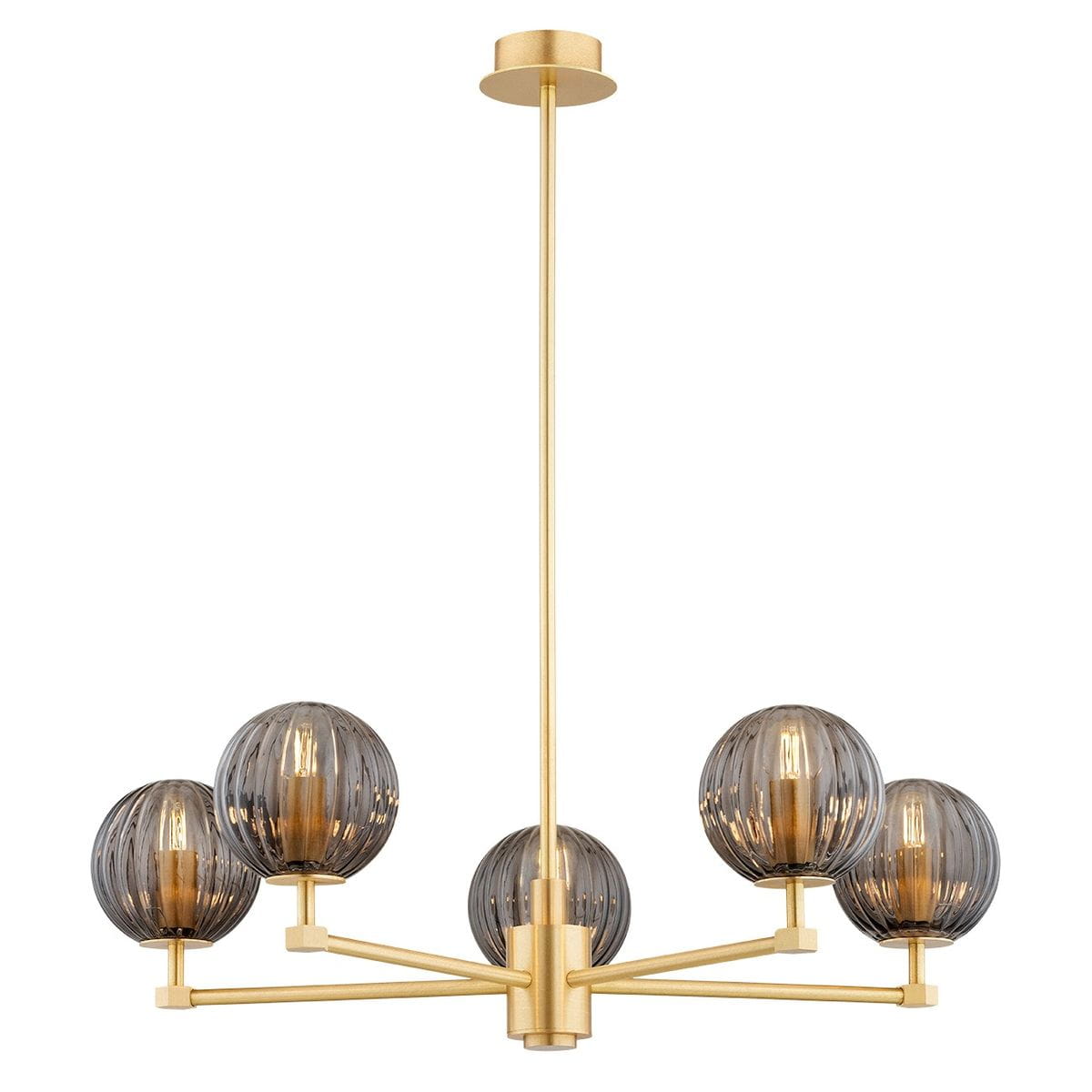 Żyrandol Paloma z pięcioma kloszami E14 w kolorze mosiądzu i dymnego szkła. Klosze mają okrągły kształt z delikatnym żłobieniem, zawieszone na cienkiej, złotej rurze. Całość utrzymana w nowoczesnym stylu, idealna do aranżacji wnętrz.