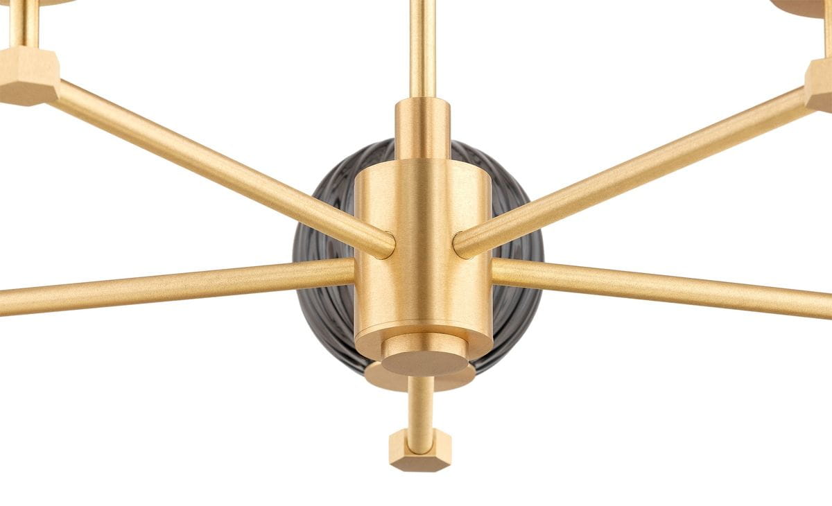 Paloma żyrandol w kolorze mosiądzu z pięcioma ramionami na żarówki E14, z centralną, okrągłą podstawą oraz dymnym detalem. Produkt widoczny z góry, z wyraźnymi metalowymi elementami i geometrycznym kształtem.