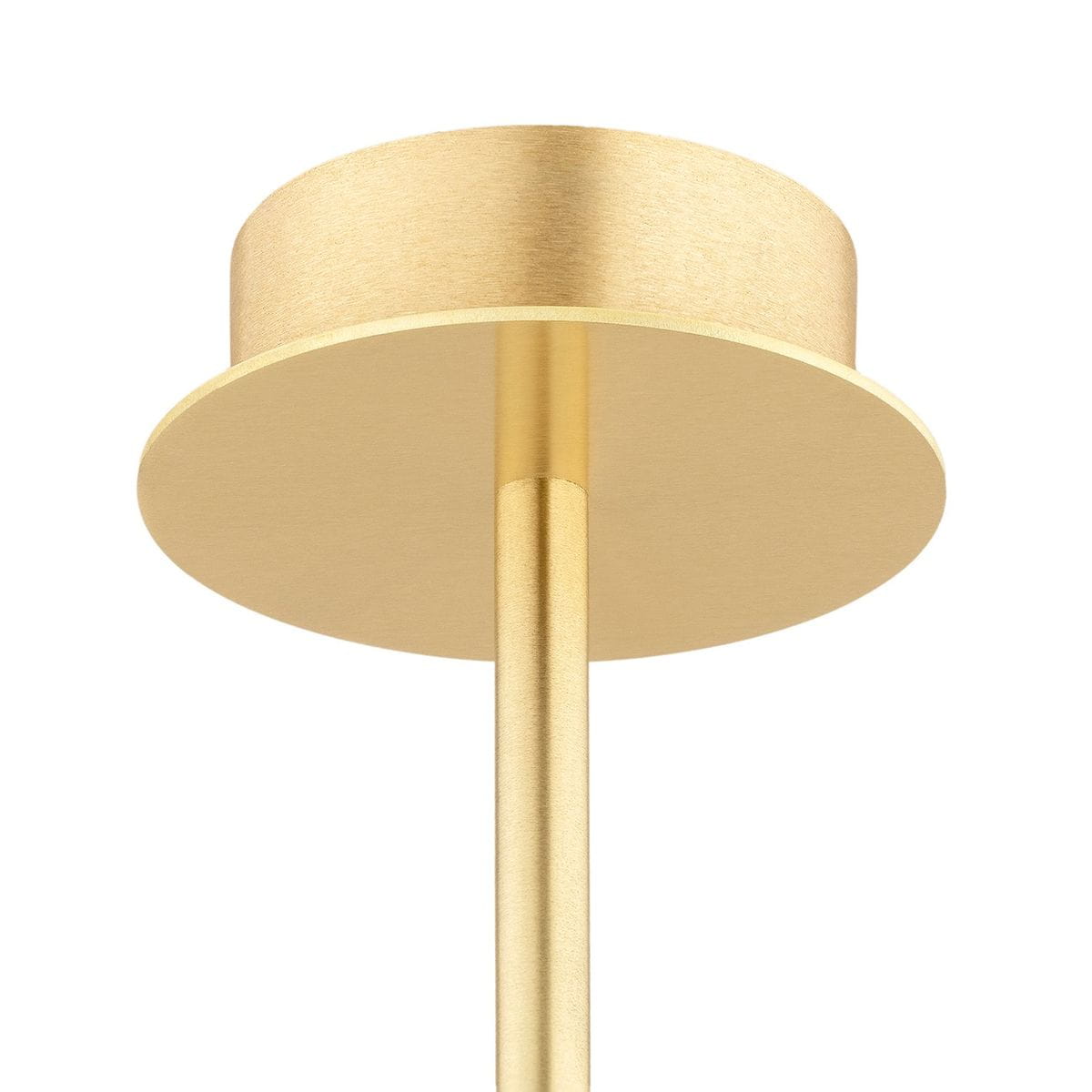 Mosiężny żyrandol Paloma z ośmioma oprawami E14, widok z góry na okrągłą, matową podstawę i prostą, złotą rurę. Produkt zawieszony, na jednolitym tle.