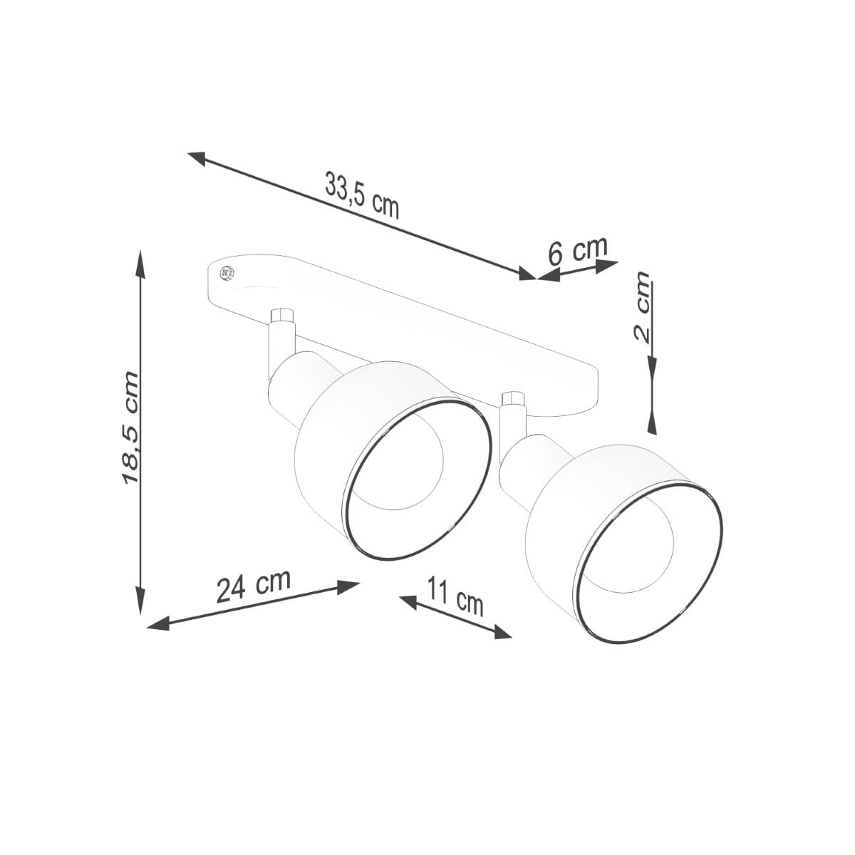 Lampa sufitowa Elba w kolorze białym z dwoma spotami, z mocowaniem o długości 33,5 cm i wysokości 18,5 cm. Spoty mają średnicę 11 cm i są zamontowane na prostokątnej podstawie o szerokości 6 cm i grubości 2 cm. Przeznaczona do żarówek E27.
