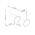 Lampa sufitowa Elba w kolorze białym z dwoma spotami, z mocowaniem o długości 33,5 cm i wysokości 18,5 cm. Spoty mają średnicę 11 cm i są zamontowane na prostokątnej podstawie o szerokości 6 cm i grubości 2 cm. Przeznaczona do żarówek E27.