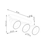 Lampa sufitowa Elba w kolorze białym z trzema reflektorami E27. Wymiary: długość 40 cm, wysokość 18,5 cm, szerokość 6 cm. Reflektory mają średnicę 11 cm i wysokość 11 cm, zamontowane na prostokątnej podstawie.