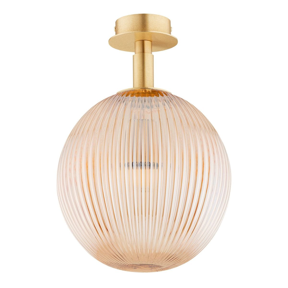 Lampa sufitowa Paloma z mosiężnym montażem i miodowym, żebrowanym kloszem w kształcie kuli. Ujęcie frontalne, zawieszona na suficie, podkreślająca elegancki design i subtelne detale. Wymiary i dodatkowe elementy nie są widoczne.