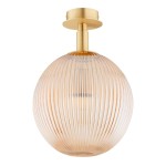 Lampa sufitowa Paloma z mosiężnym montażem i miodowym, żebrowanym kloszem w kształcie kuli. Ujęcie frontalne, zawieszona na suficie, podkreślająca elegancki design i subtelne detale. Wymiary i dodatkowe elementy nie są widoczne.