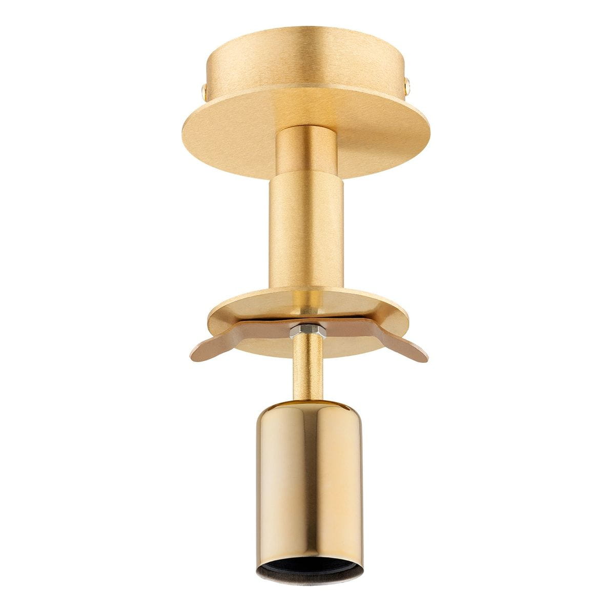 Lampa sufitowa Paloma w kolorze mosiądzu z miodowym wykończeniem, z jednym gniazdem E27. Ujęcie frontalne, produkt zamontowany na suficie, prosty design z okrągłą podstawą i cylindrycznym kloszem.